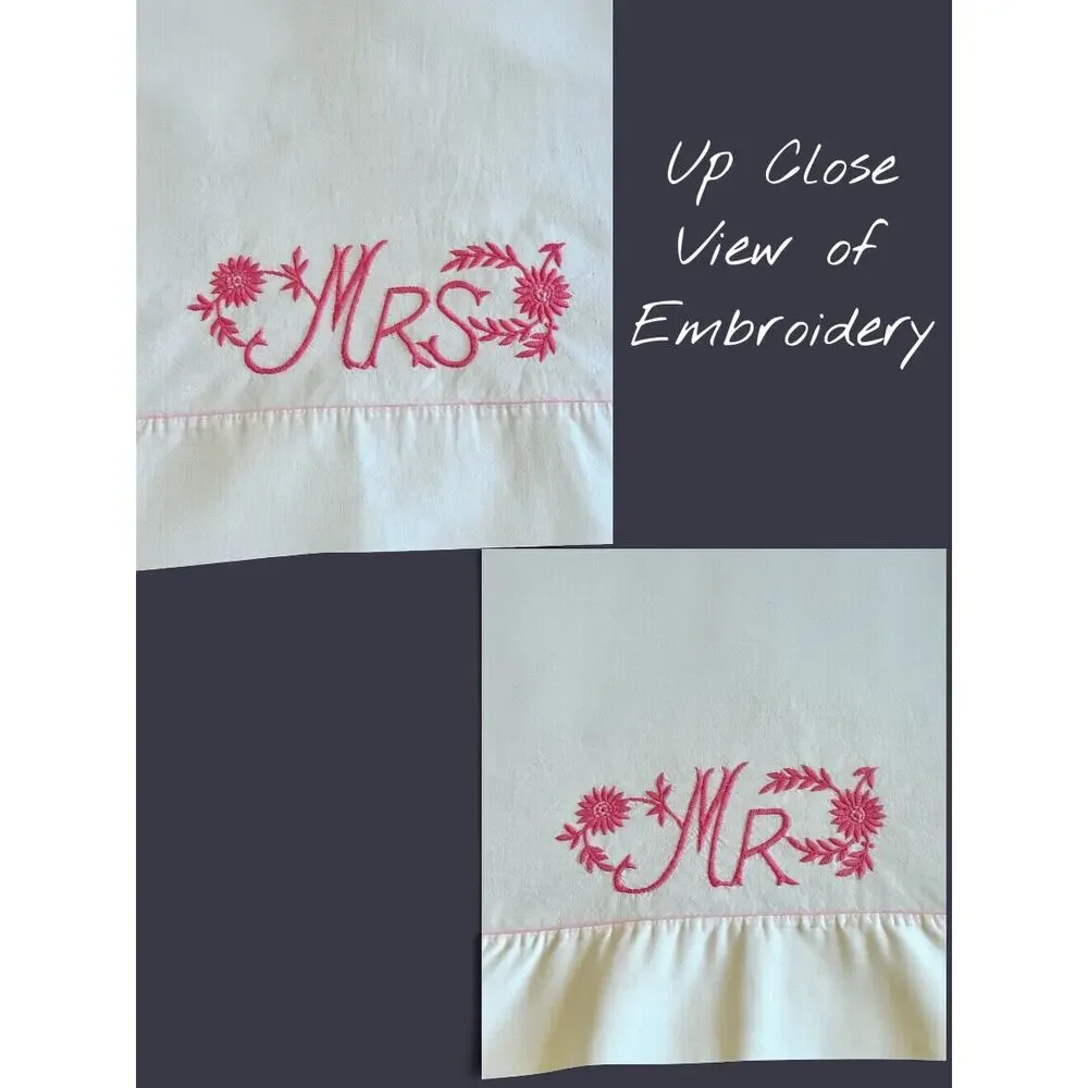 Vintage 1950s Mr Mrs Embroidered Pillowcases-Pink Floral-Wedding-Standard Pair